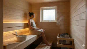 Sauna voor beginners: ontspannen man zit op onderste bank in traditionele sauna met lage hitte en droge lucht